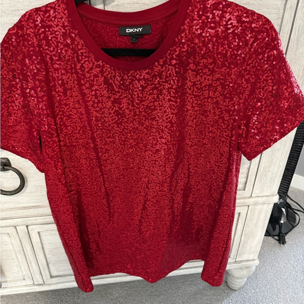 DKNY Sparkling Red Sequin Short Sleeve Top